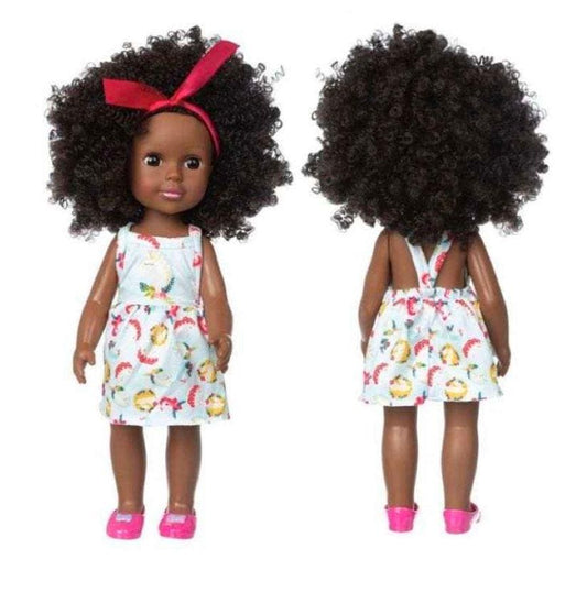 Petite poupée fille en plastique pour enfant, robe bleue, peau noire et cheveux crépus