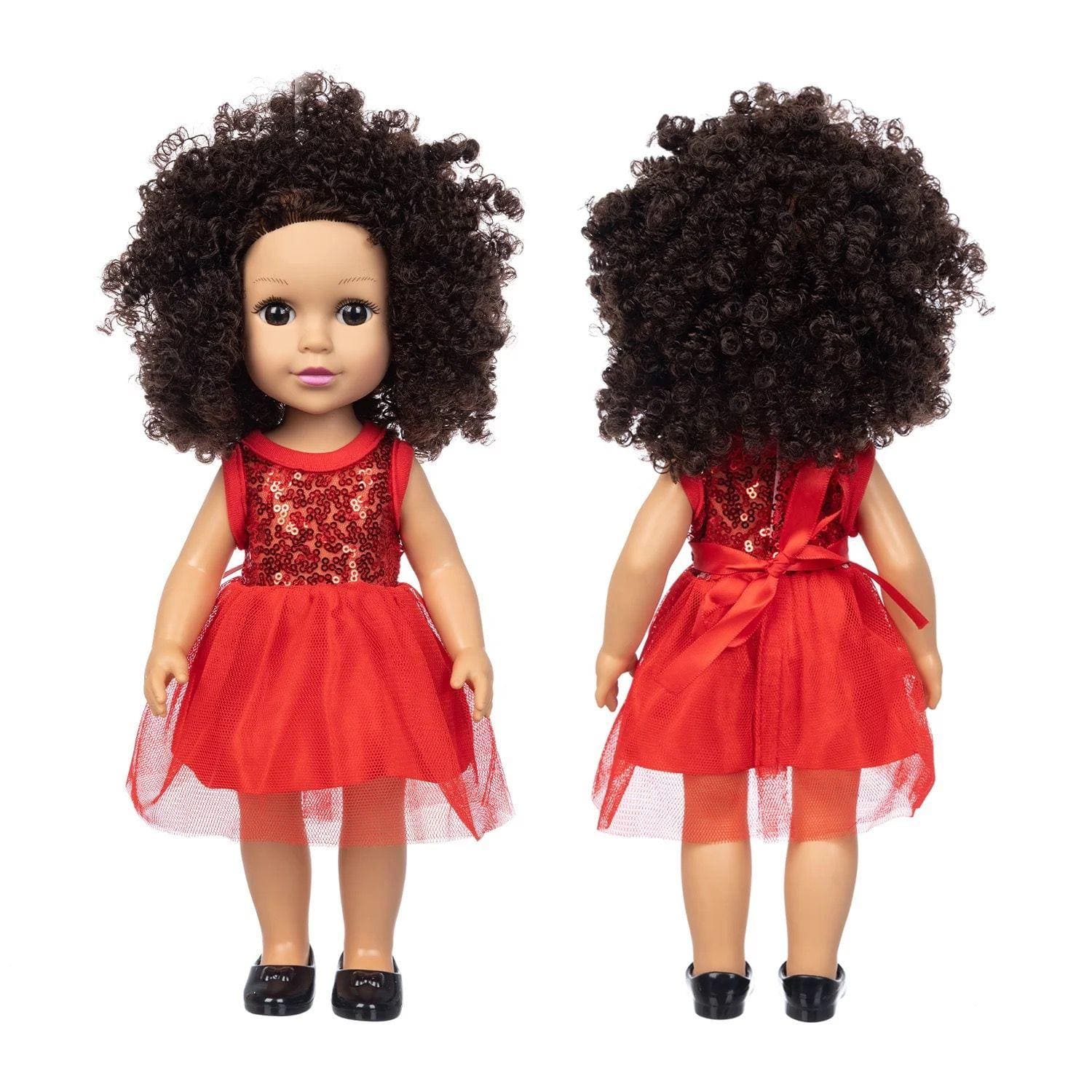Petite poupée fille en plastique pour enfant, robe rouge, peau blanche et cheveux crépus